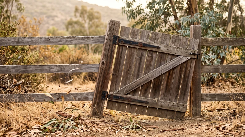 A weathered wooden gate sagging on its black strap hinges in a rail fence, with dry grass and eucalyptus leaves blowing across the ground in hazy afternoon light