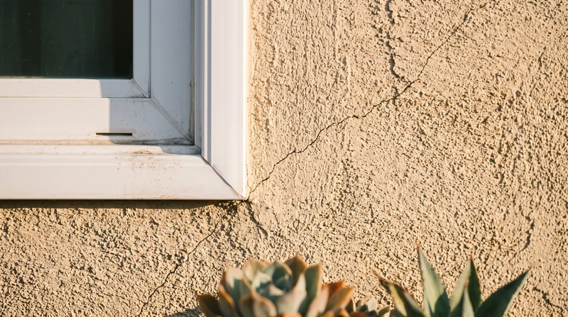 Raking sunlight across a sand-finish stucco wall showing a thin hairline crack running diagonally from the corner of a window