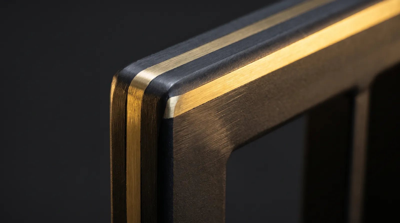 Macro detail of blackened steel and brushed brass weld joint, showing Cesar & Cesar's material finish quality